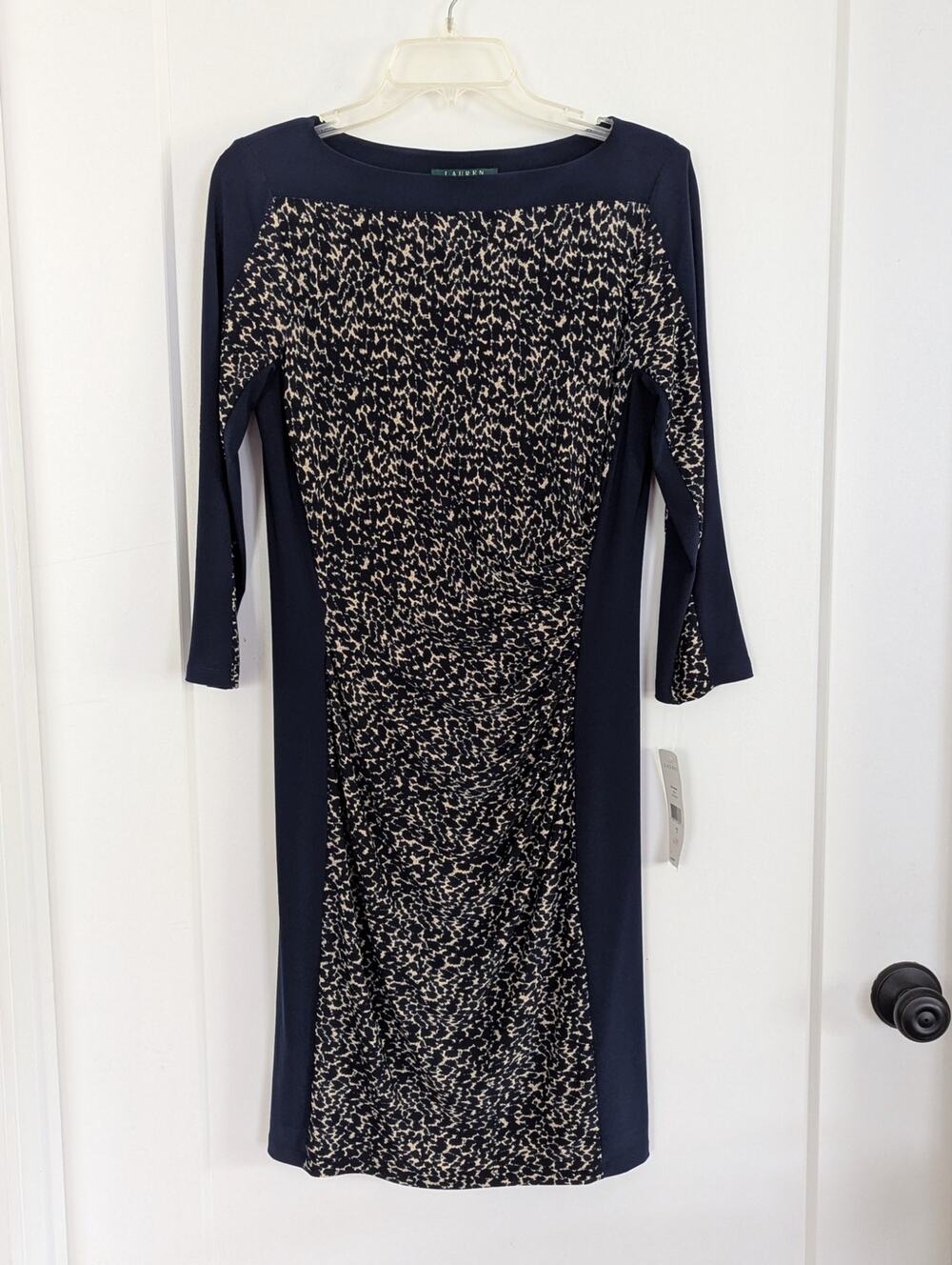 NWT Lauren Ralph Lauren Navy Blue Leopard Print Ruched Sheath Dress Sz 8